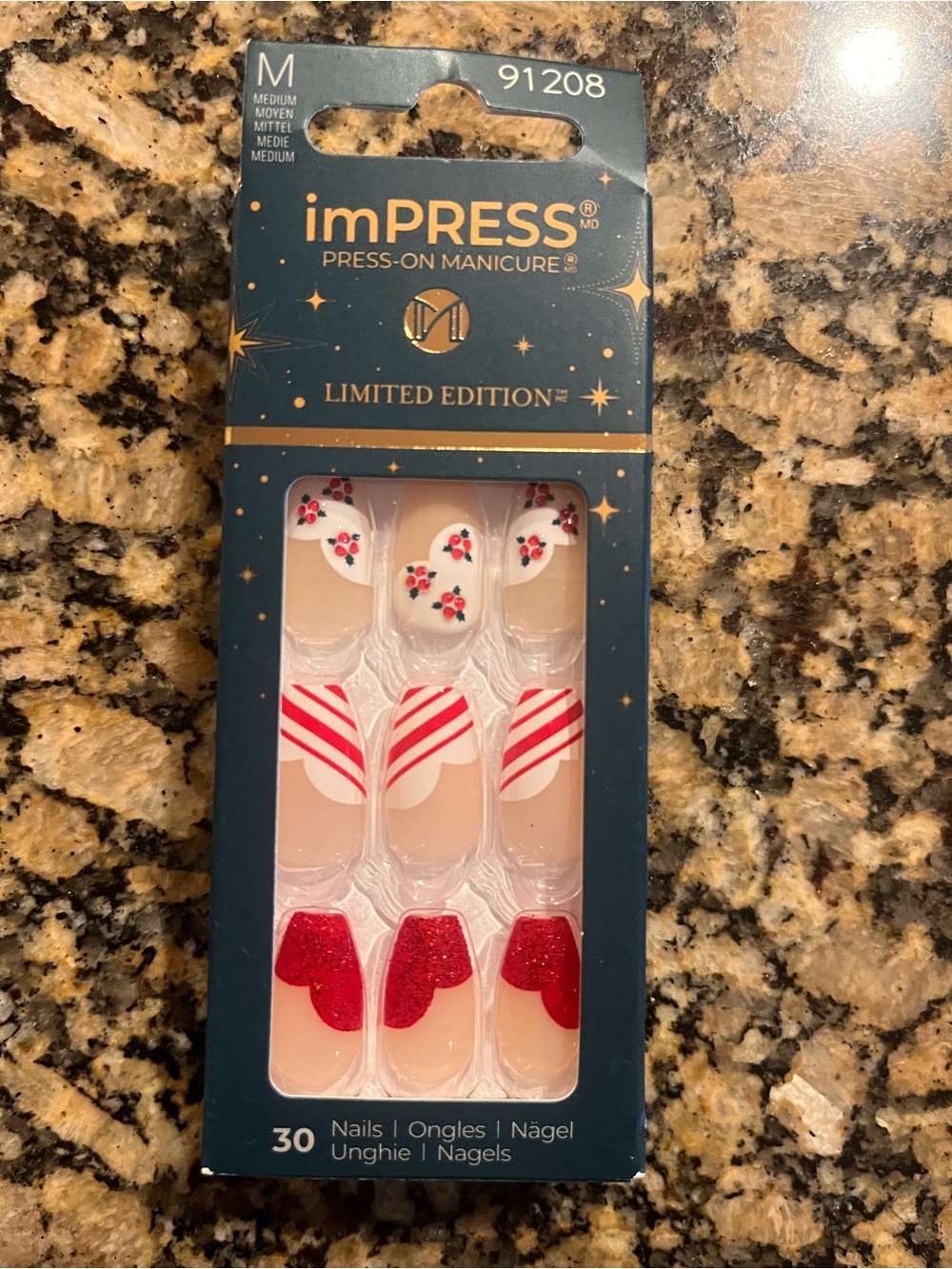 imPRESS Red, White & Nude Floral Candy Stripe Press-On Nails